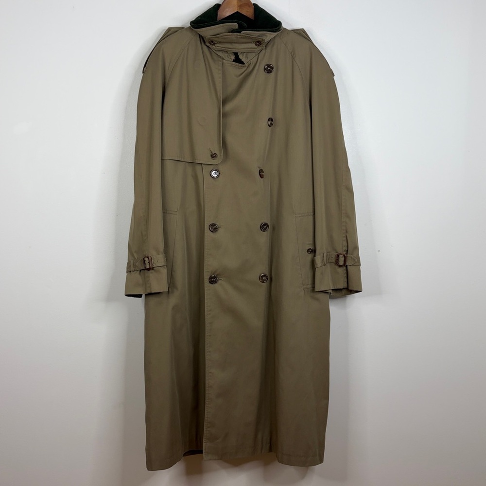 Classic Khaki Trench Coat with Dark Green Collar - Picture 2 of 16